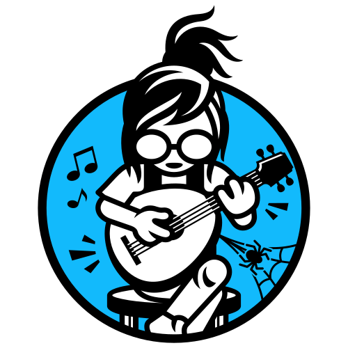 Grit badge — a girl playing a lute on a blue medallion